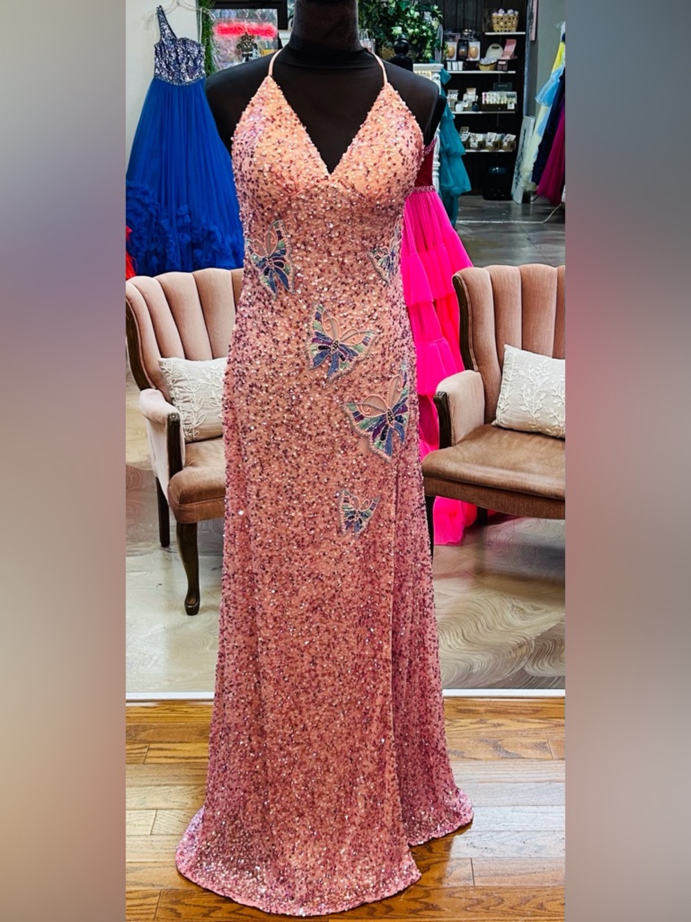 Sparkling Pink Sequin Butterfly Gown - V-Neck Spaghetti Strap